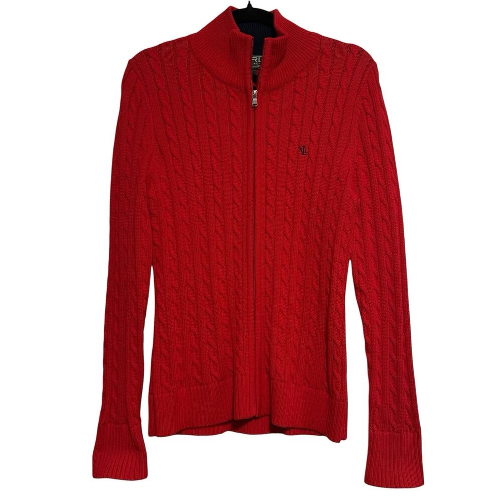 LRL Active Cable Knit Zip Cardigan WOMENS SIZE LARGE Red Logo Pony Classic Soft